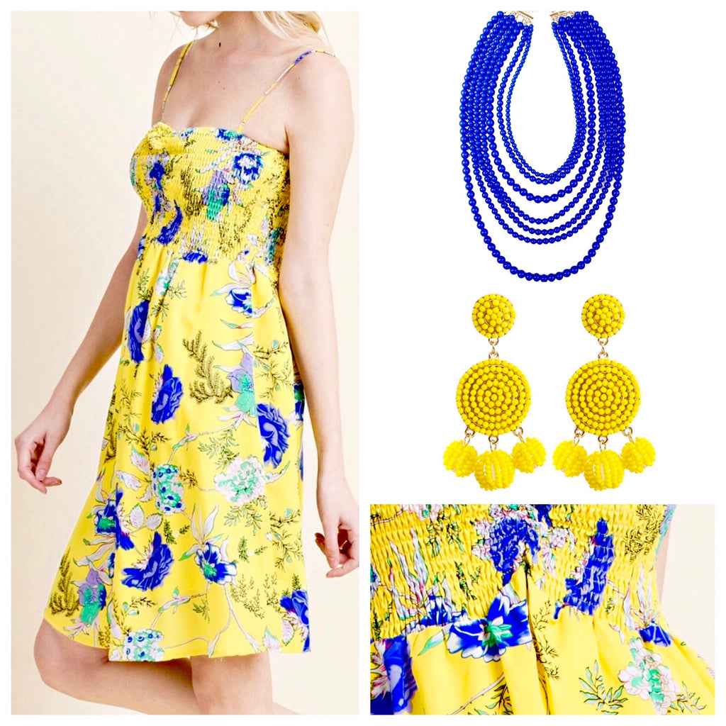 VIBRANT Yellow and Royal Blue Smocked Floral Dress with Spaghetti Straps - James Ascher VIBRANT Yellow and Royal Blue Smocked Floral Dress with Spaghetti Straps - James Ascher
