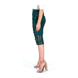 Green Midi Pencil Skirt with Flower Appliqués, Sheer Overlay & Exposed Gold Zipper