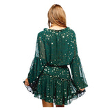 Emerald Green & METALLIC Gold Foil Star Balloon Sleeve Dress with Smocked Waist