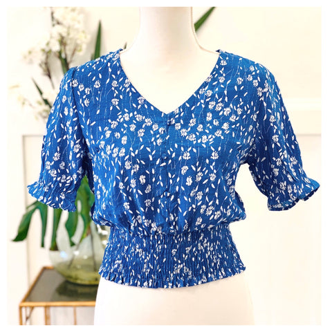 Cerulean Blue Shirred Ruffle Puff Sleeve Linen Blend Top with Smocked Waist