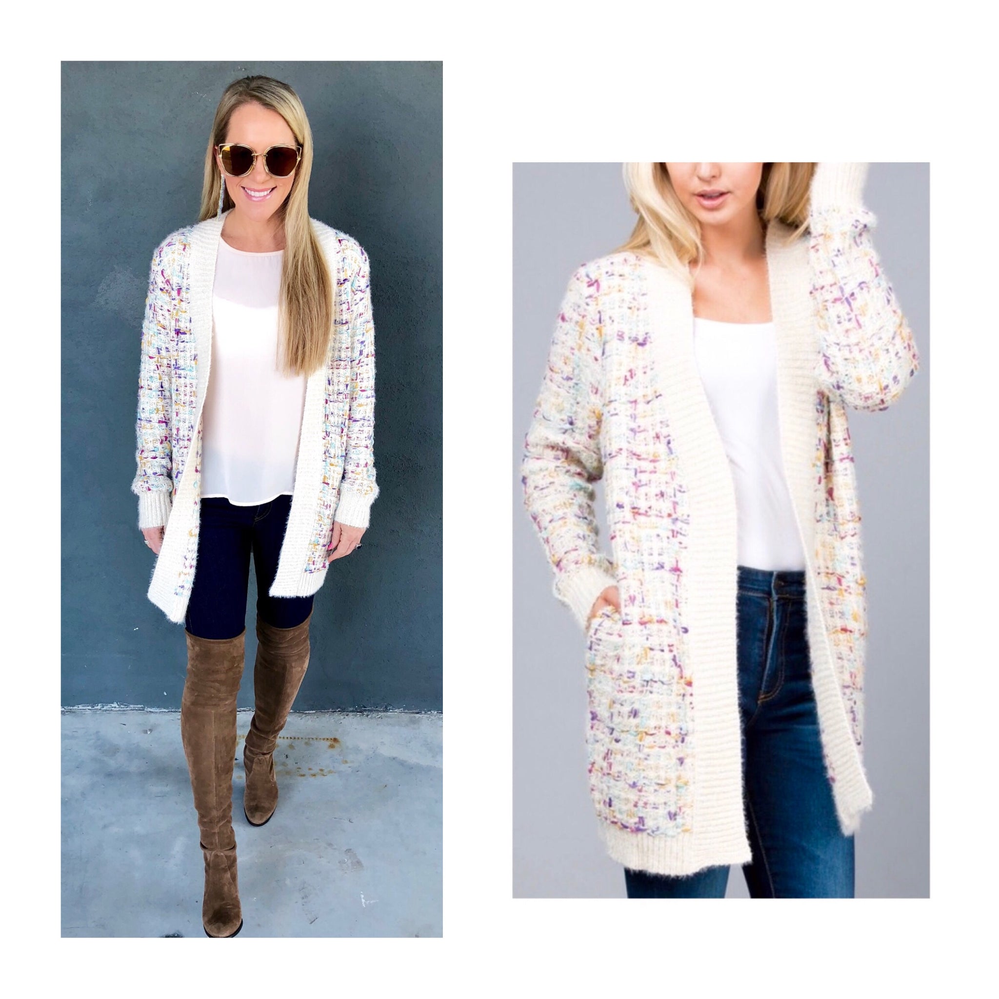 Cream Confetti Tweed Open Front Cardigan with METALLIC Gold