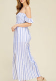 Denim Blue Stripe Off the Shoulder Smocked Maxi Dress