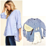 Blue White Stripe Button Down High Low Top with Side Ties