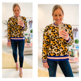 Black Orange & Taupe Leopard Print Knit Sweater with PINK & ROYAL BLUE Banded Contrast Hem