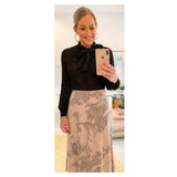 Taupe & Gold Shimmer Leopard A-Line Satin Midi Skirt with Elasticized Waist