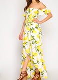 Lemon Print Off the Shoulder Smocked High Low Maxi Dress with Self Tie Waist 🍋