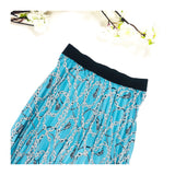 Aqua Pleated Chainlink Print Midi Skirt with Black Banded Elastic Waist
