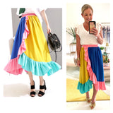Pink Yellow Blue & Aqua Color Block Asymmetrical Ruffle Midi Skirt