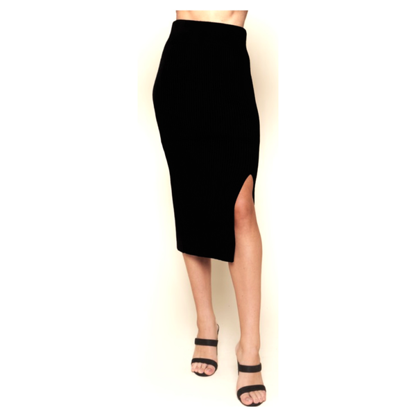 Black Medium Weight Stretchy Knit High Waisted Skirt with Side Slit ...
