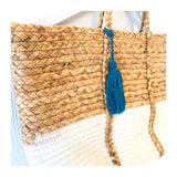 Woven Straw & White Natural Fiber Tote with Blue Tassel Tie
