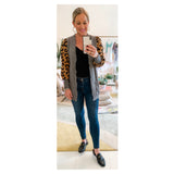 Grey Fringe Knit Cardigan with Contrasting Camel & Black Leopard Balloon Sleeves & Front Pockets