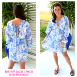 Blue Puff Sleeve Chinois BOW Back Dress
