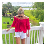 Fuchsia 3/4 Sleeve Smocked Off the Shoulder Top with Ruffle Trim