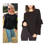 Black Fine Knit Sweater with Ribbed Tiered Ruffle Contrast &  Banded Waist
