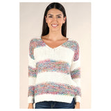 Ivory & Rainbow Stripe Melange Knit High Low Sweater