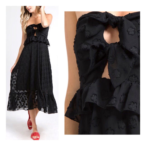 Black Tie Front Strapless Ruffle Hem Midi Dress with Textured Embroidery