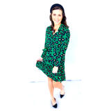 Green Black & Yellow Abstract Floral Button Down Dress with Tiered Ruffle Hem