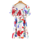 White Red Purple & Teal Abstract Floral Print Puff Sleeve Dress with Smocked Back
