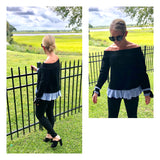 Black Shirttail Peplum Hem Off the Shoulder Sweater with Tie Sleeves