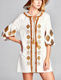 White and Gold Embroidered Tunic Dress with Tassel Tie & Fringe Detail
