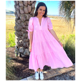 Pink Ribbon Sleeve Textured Olivia Dress