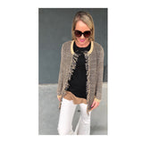 Taupe Round Knit Slim Fit Cardigan with Front Fringe Detail & Pockets