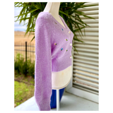 Lavender Floral EMBROIDERED Soft Knit Cardigan with Shell Buttons