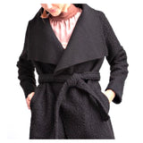 Black Open Front Belted Textured Wool Coat with Contrasting Oversized Smooth Lapel