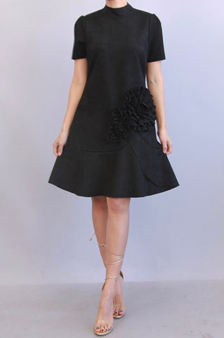 Flower Appliqué Short Sleeve Microsuede A-Line Dress with Ruffle Hem and Back Zip