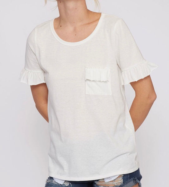 White t-Shirt with Ruffle Sleeves & Chest Ruffle Patch - James Ascher