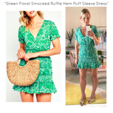 Green Floral Smocked Ruffle Hem Puff Sleeve Dress