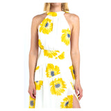 White Sunflower Print Swiss Dot Chiffon Hi-Lo Dress with Crisscross Flutter Back