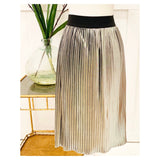 Metallic Silver Foil Pleated Midi Skirt with Black Elastic Banded Waist