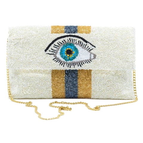 Hand Beaded Ivory Blue Eye Bag with Gold Chain