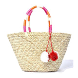 Woven Straw Tote with Pink & Orange Wrapped Handles & Detachable PomPom