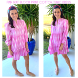 Pink Ikat Block Print Cotton Folly Dress