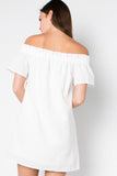 White Off the Shoulder “Mexican Textile” Style Dress with Vibrant Floral Embroidery