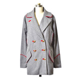 Grey Double Breasted Pea Coat with Red Embroidered Trim