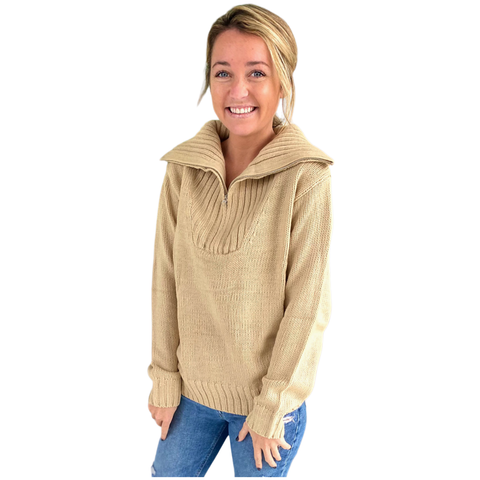 Taupe Knit Pullover Ollie Sweater with Optional Foldover Or High Neck