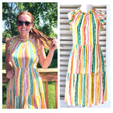 Pastel Rainbow Ruffle Neck Dress with Bow Back & POCKETS