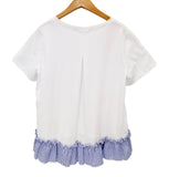White OR Black Short Sleeve Top with Striped Contrast Ruffle Hem and Pleated Back