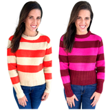 Burgundy & Pink or Orange & Beige Stripe Knit Sophia Sweater with Ribbed Contrast