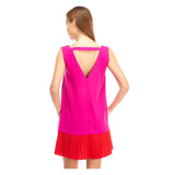 Magenta & Red Pleated Drop Hem Dress with V-Back