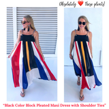 Black Color Block Pleated Maxi Dress with Grommet Shoulder Ties