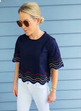 Navy Poplin Embroidered Rainbow Wave Top with Scalloped Hem 🌈 (Matching Shorts Sold Separately)