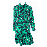 Green Black & Yellow Abstract Floral Button Down Dress with Tiered Ruffle Hem
