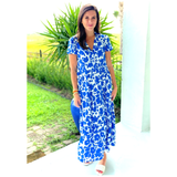 Blue & White Floral Puff Sleeve Malaga Dress with Tiered Ruffle Hem