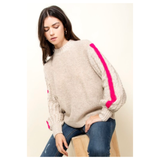 Beige Sweater with Cable Knit & Pink Stripe Sleeve Contrast