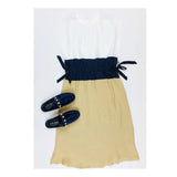 Ivory Navy & Taupe Contrast Short Sleeve A-Line Midi Dress with Self Tie Waist Ties