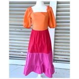 Pink Orange & Red Color Block Cotton Annie Dress with Ruffle Neck Trim